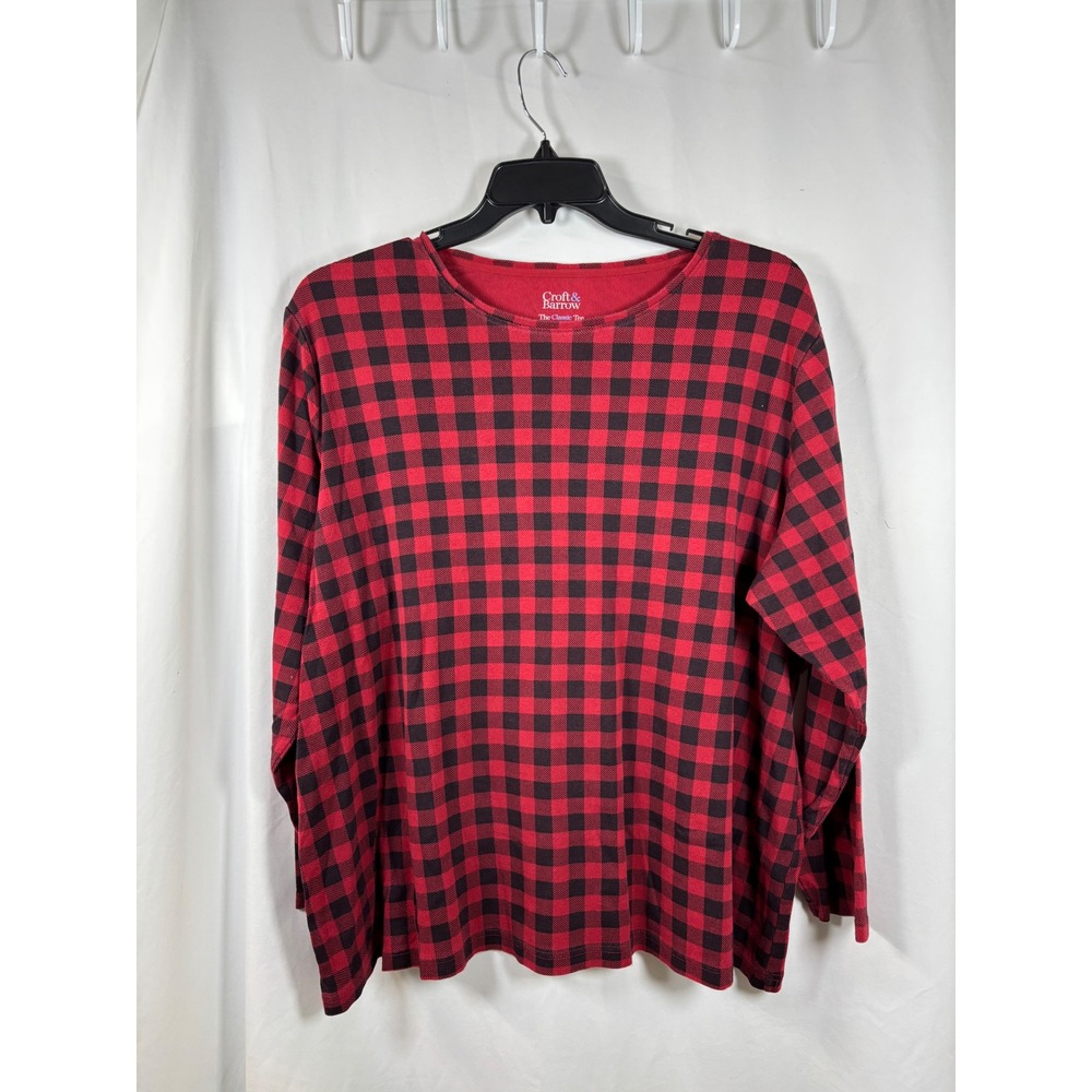 Croft & Barrow Womens 3X Red Black Buffalo Plaid Long Sleeve Classic Tee Cotton